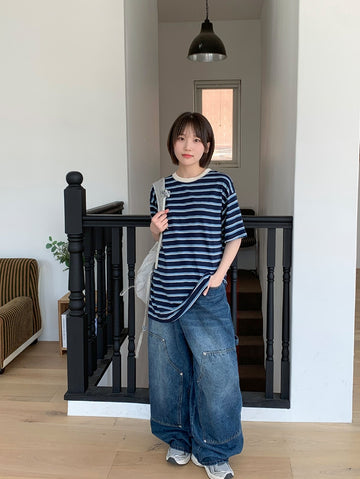 Velny Color Matching Stripe Short Sleeve Tee